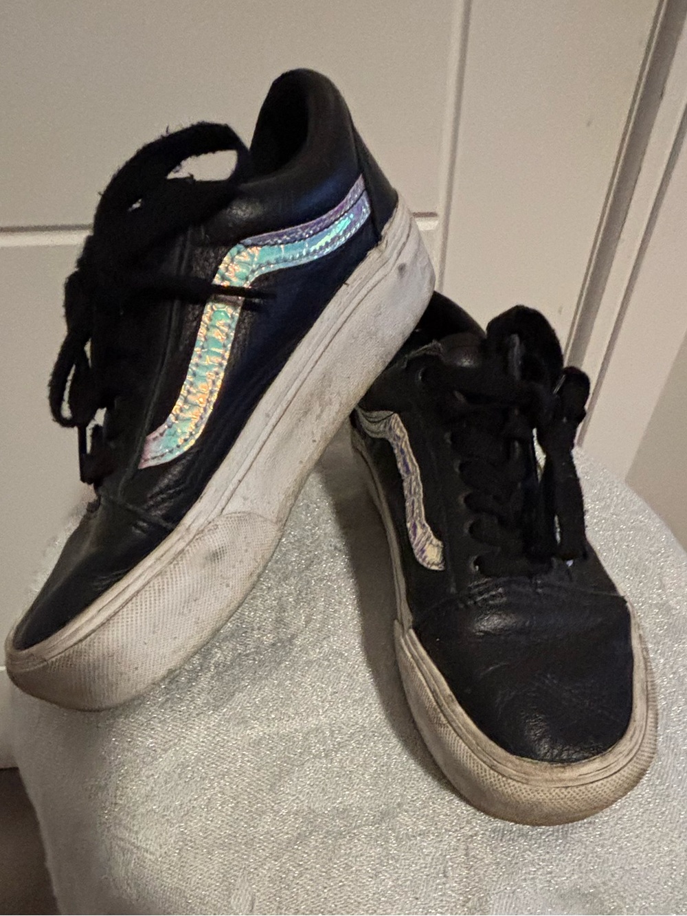 🔮Vans🔮SK8 Highs in Black Leather Platforms Sneakers with Iridescent Stripes